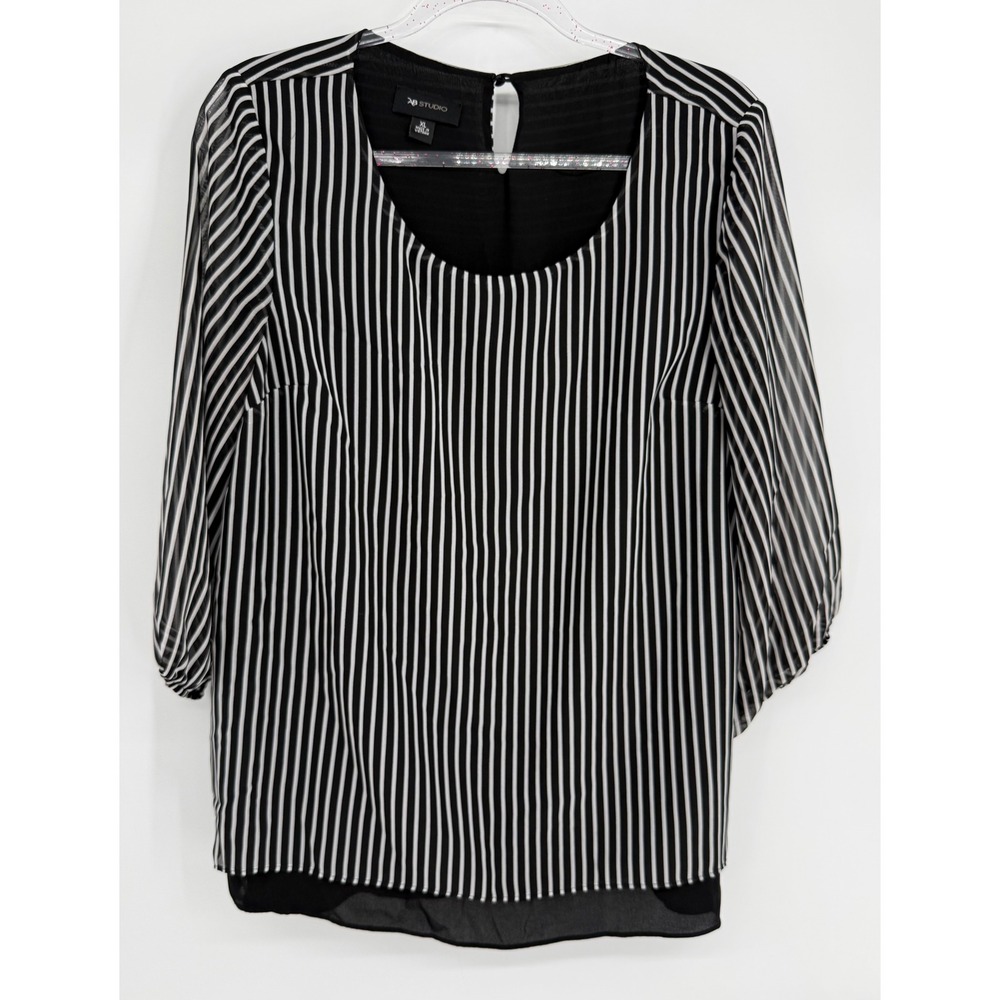 AB Studio Women XL Black White Striped 3/4 Sleeve Layered Blouse Sz XL